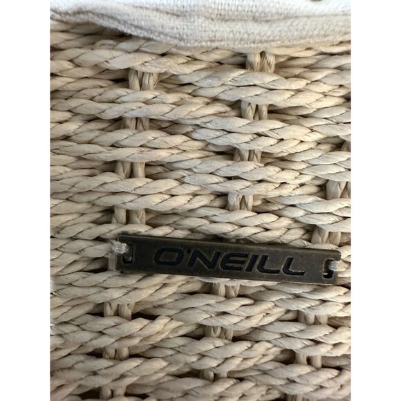 ONeill Womens Woven Straw Tote Bag Wooden Handles Beige/Navy/Brown Beach Design - Picture 3 of 7
